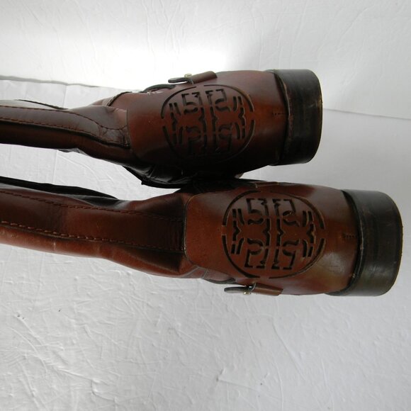 TORY BURCH DERBY TAN BROWN LEATHER RIDING BOOTS LOGO SZ 8M - Picture 2 of 8